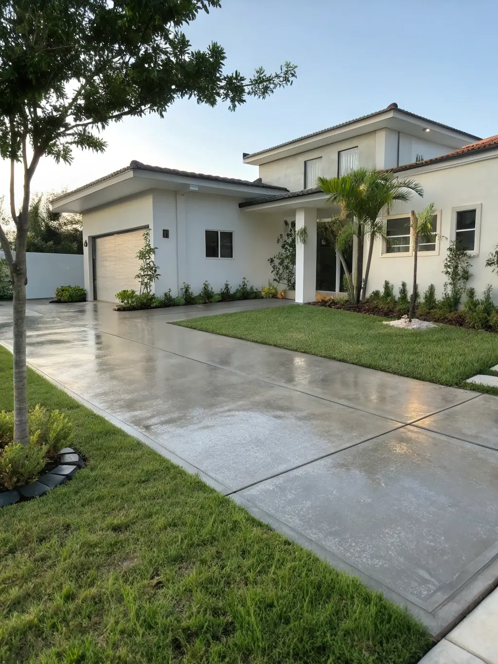 A clean, freshly pressure-washed driveway of a suburban home in Jacksonville, Florida, showcasing the effectiveness of Pressure-Pro's cleaning services.
