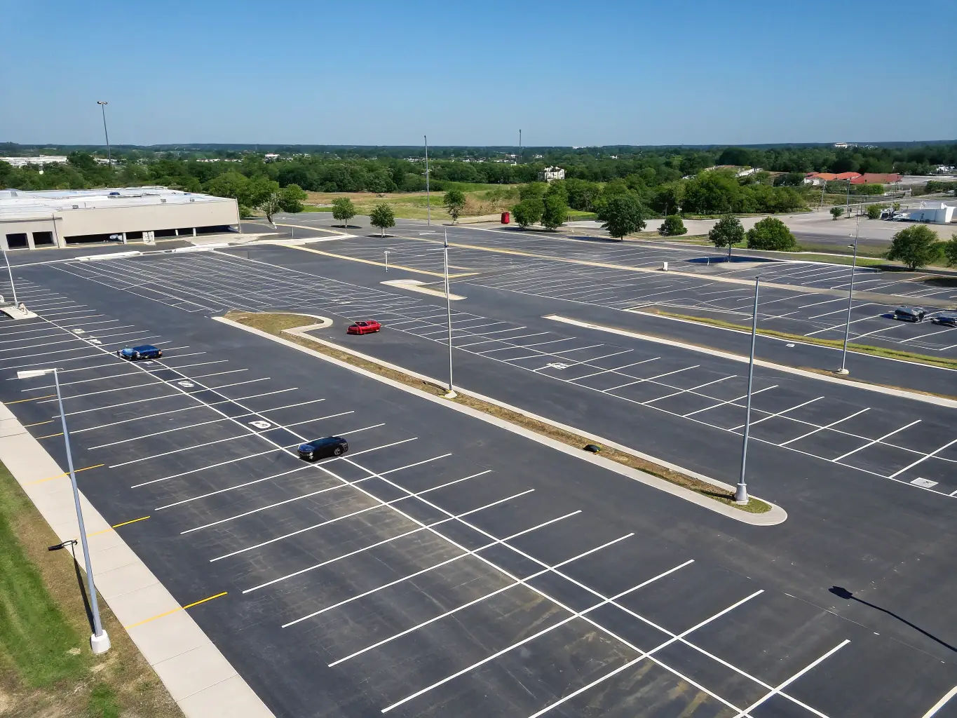 A parking lot being cleaned with a pressure washer, highlighting the removal of oil stains and debris, resulting in a clean and safe parking area.