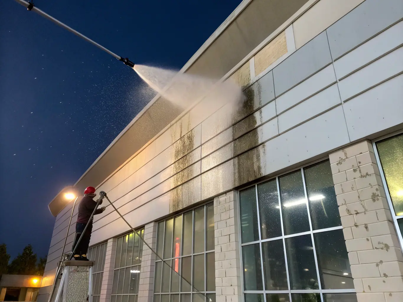 A commercial building facade being pressure washed, showcasing the removal of dirt and grime, with a focus on the clean and refreshed appearance after the service.