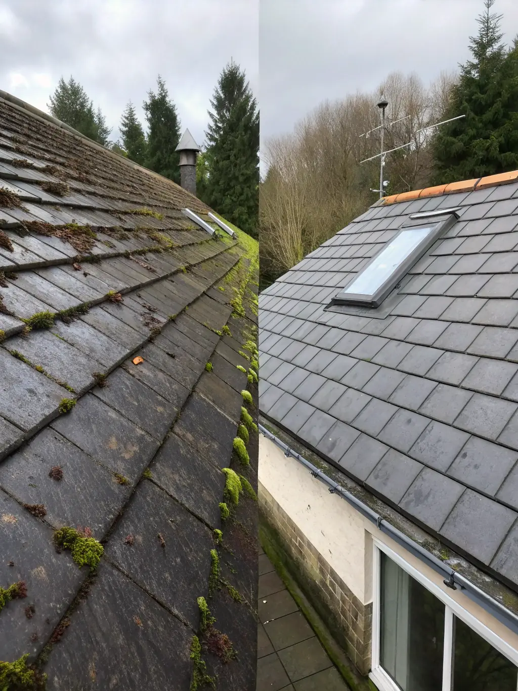 A before-and-after shot of a residential roof, showing the dramatic difference after Pressure-Pro's soft washing service removes algae and stains.