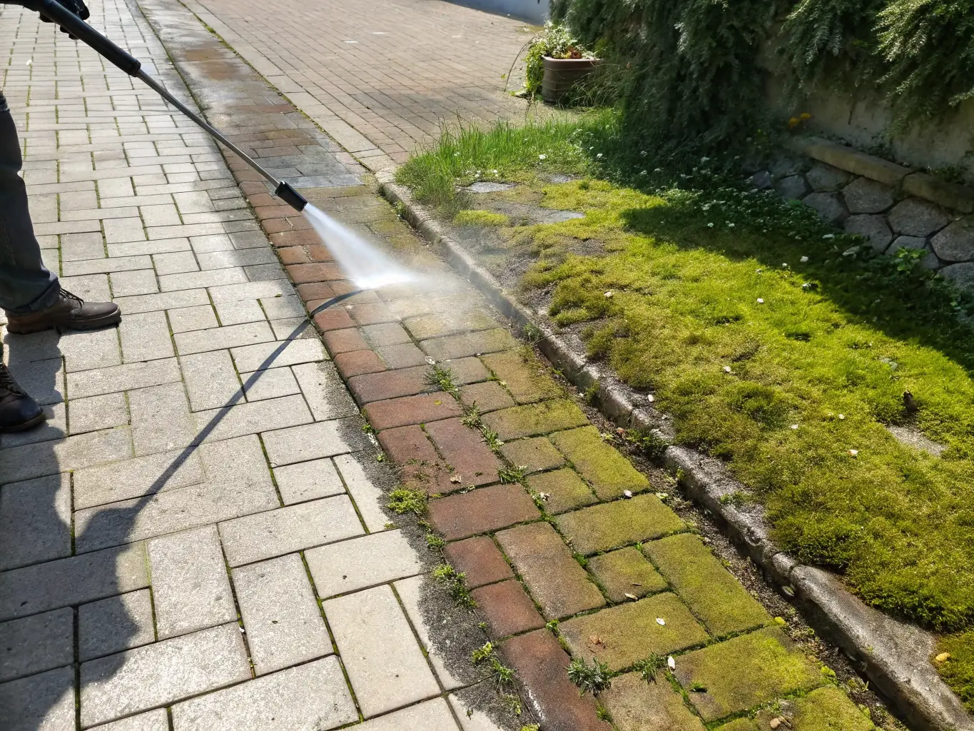 A sidewalk being pressure washed, demonstrating the removal of dirt and graffiti, resulting in a clean and inviting walkway for pedestrians.
