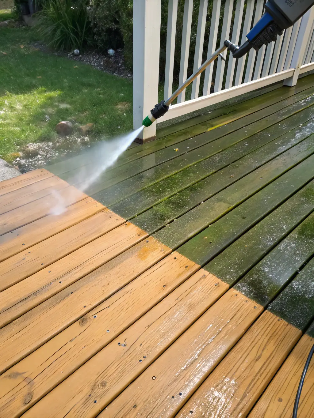 A sparkling clean residential deck after being pressure washed by Pressure-Pro, highlighting the restored wood grain and stain.